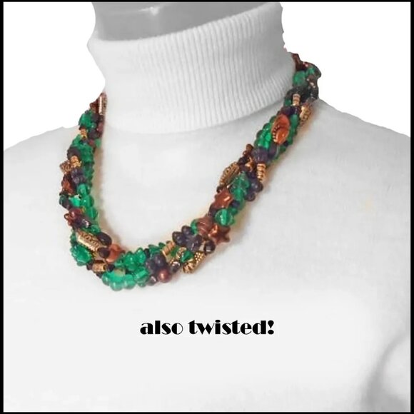 Vintage Emerald Green Glass & Copper Multi Strand Bead Necklace, OOAK - Picture 2 of 10
